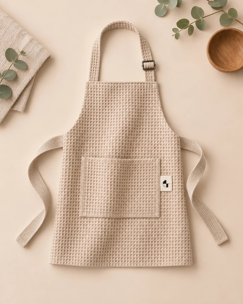 Kids' waffle apron »Little Dough Love« in Sand, laid out flat