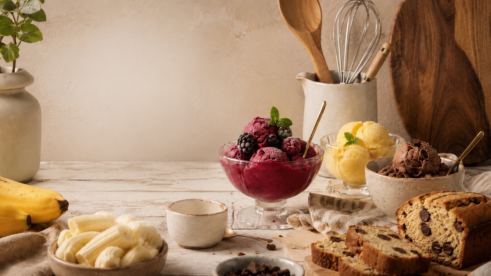Berry sorbet, mango sorbet and chocolate ice cream on a wooden table, next to bananas and a chocolate chip banana bread